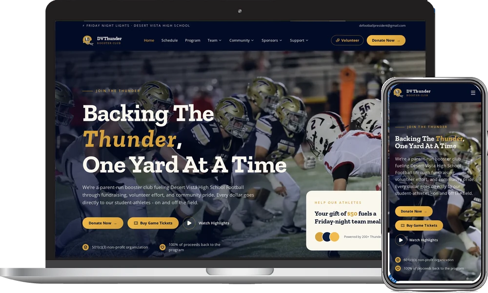 DV Thunder Booster Club website by Phoenix AZ Ad Agency