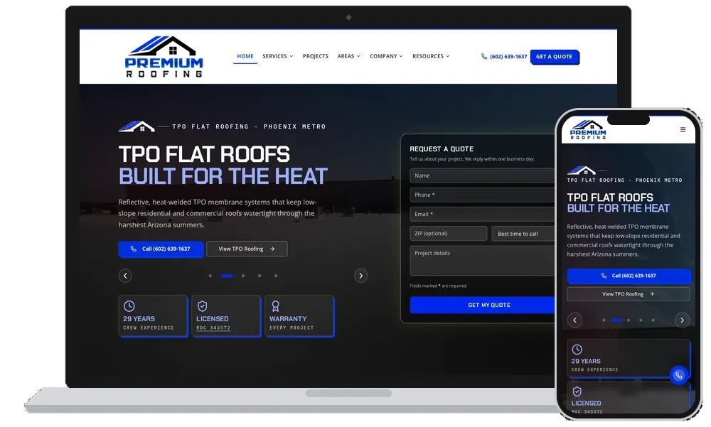Premium Roofing website by Phoenix AZ Ad Agency